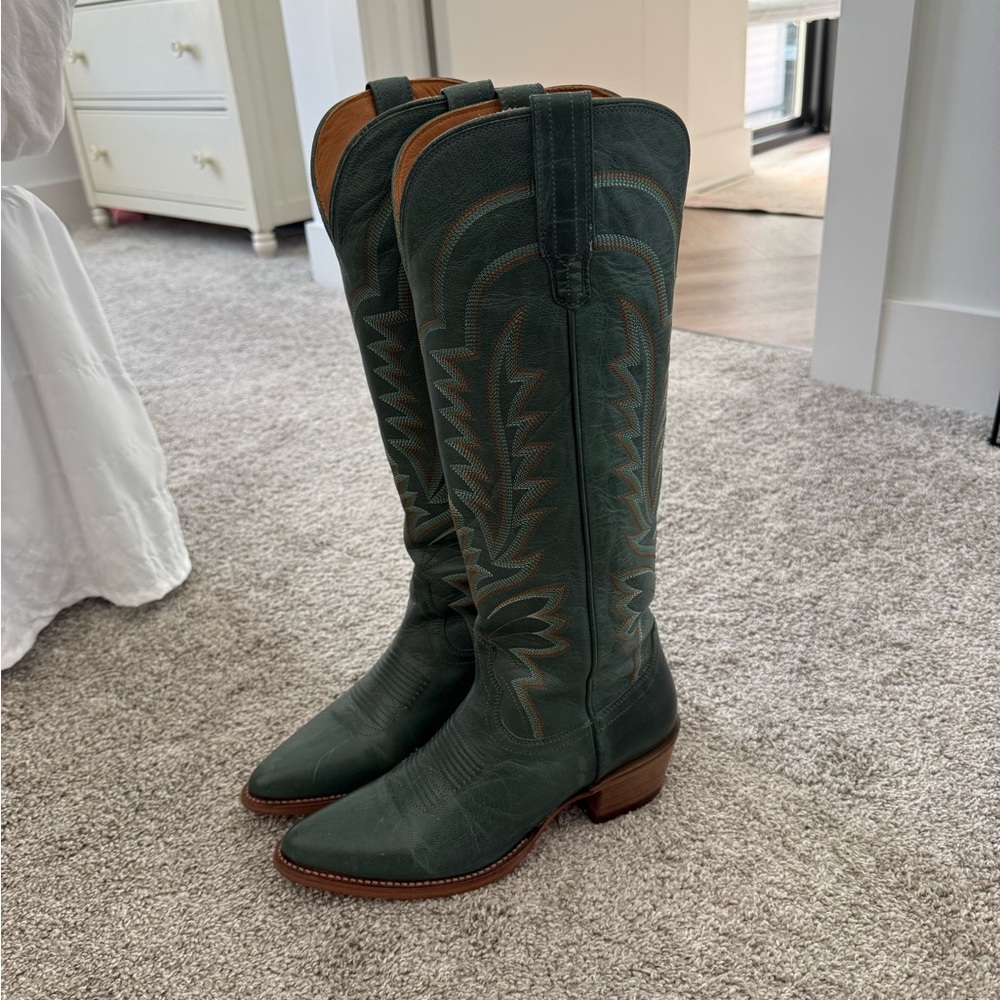 Tecovas Over-the-Knee Western Boots in Dark Green with Brown Trim - Picture 3 of 6